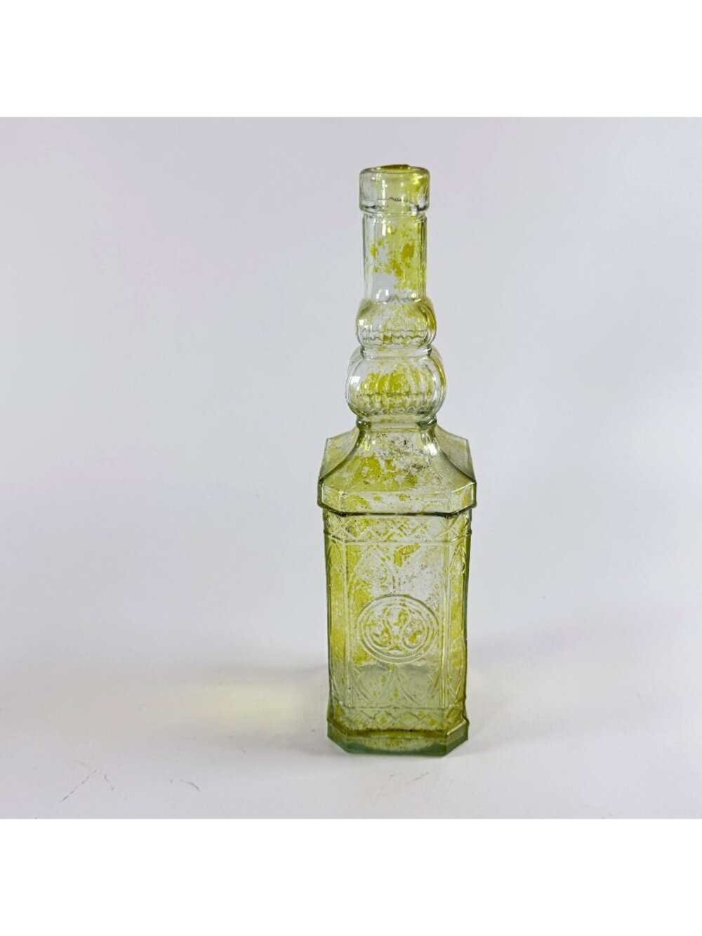 Vintage Yellow Embossed Glass Bottle 11.75" Tall Retro Decorative Bottle